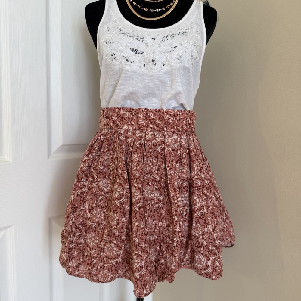 American Eagle Floral Mini Skirt Womens (L) Linen Boho Cottagecore Elastic Waist